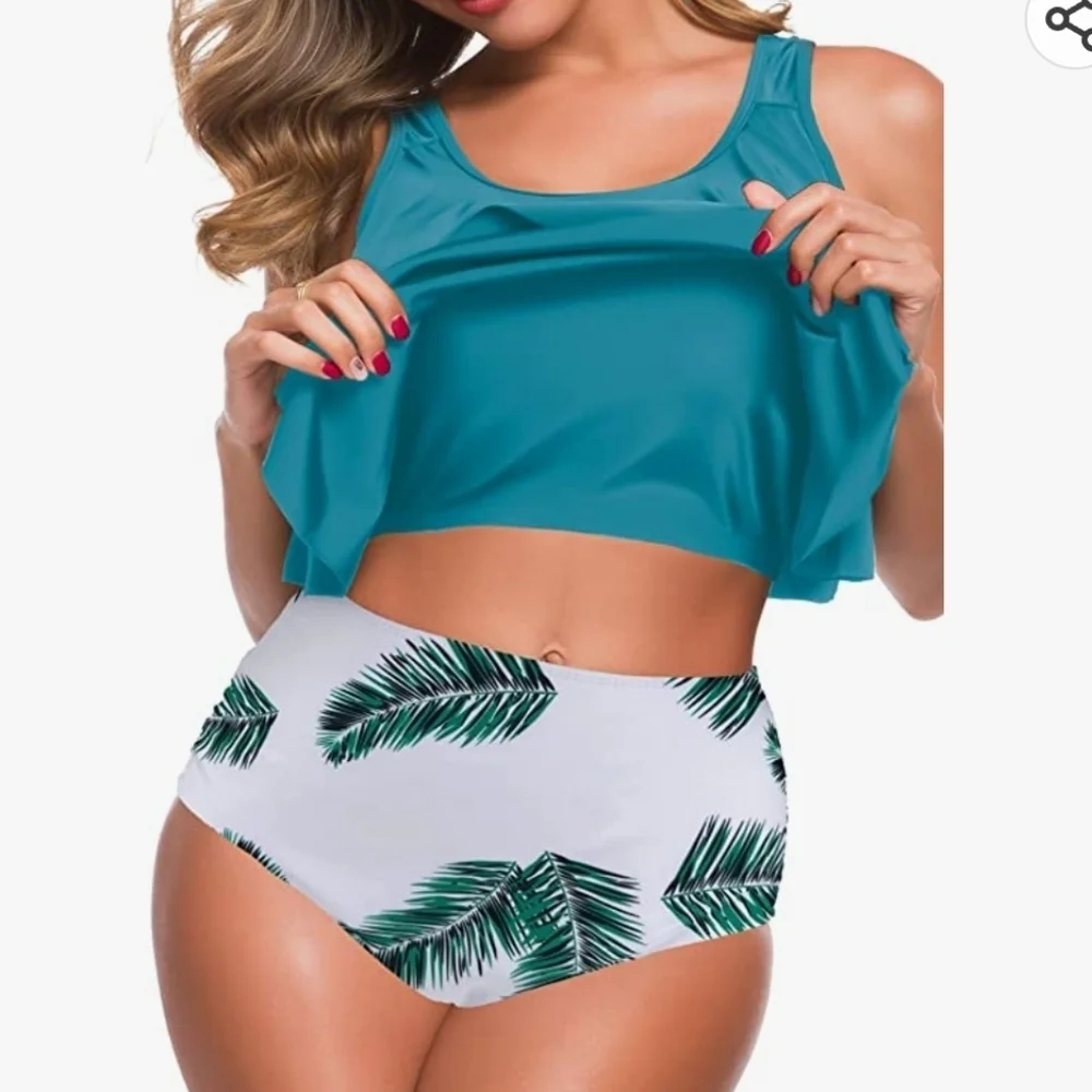 SouqFone Ruffled Flounce Top High Waisted Bikini Set in Blue Green Leaf Size L